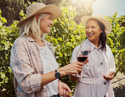 Buy stock photo Vineyard, women and toast as friends with wine glass for tasting, drinking and break in France. Farm, outdoor and mature people with smile or happy on alcohol with bonding, support or holiday on date