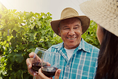 Buy stock photo Couple, happy and wine with cheers in nature for relationship, holiday and bonding on date with love. Mature people, drink and toast on countryside farm for romance, vacation and smile with sunshine