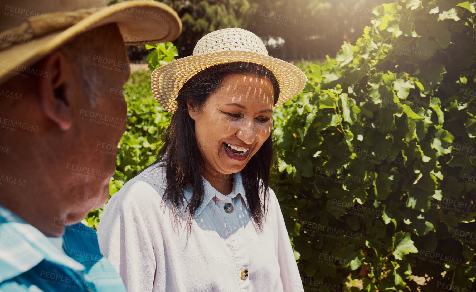 Buy stock photo Couple, happy and love in nature for relationship, holiday and bonding together on date with smile. Mature, people and walking on countryside farm for romance, vacation and anniversary with sunshine