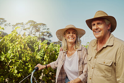 Buy stock photo Smile, senior couple and walk in vineyard for countryside, travel and holiday with bicycle. Mature people outdoor, adventure and bonding for retirement together with landscape, tour and sightseeing