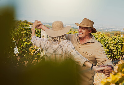 Buy stock photo Smile, mature couple and dance in countryside for vineyard, travel and holiday for happiness. Senior people outdoor, adventure and bonding for retirement together with vacation, tour and sightseeing