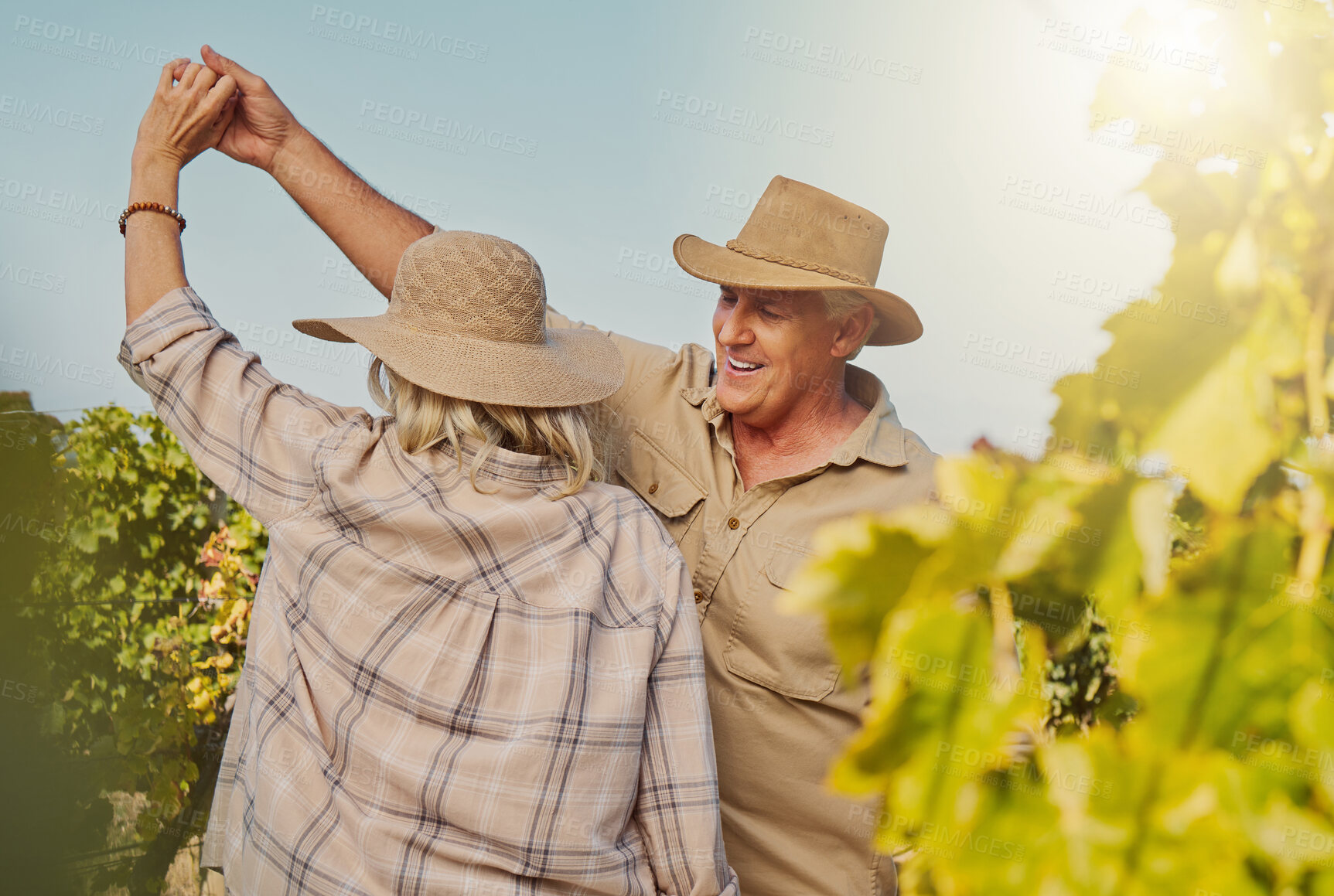 Buy stock photo Smile, mature couple and dance in vineyard for countryside, travel and holiday for happiness. Senior people outdoor, adventure and bonding for retirement together with landscape, tour and sightseeing