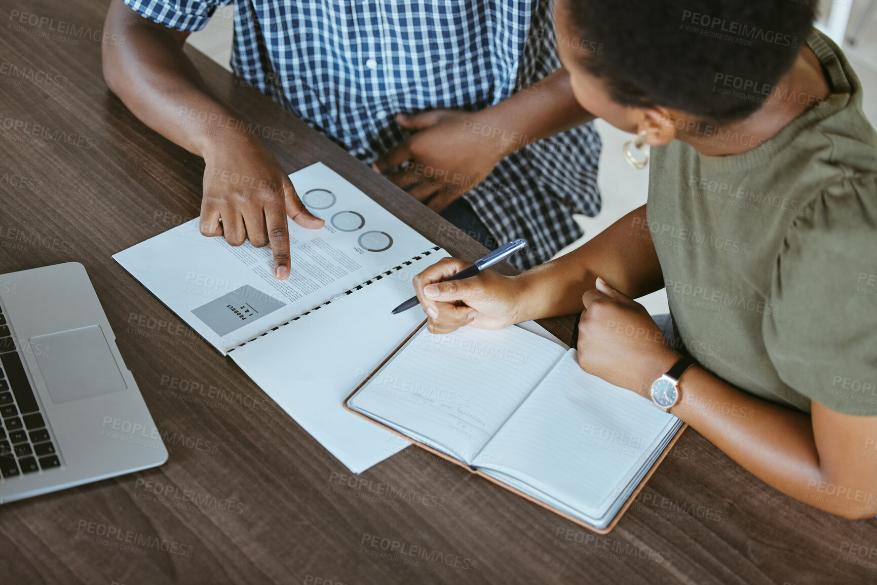 Buy stock photo Business people, hands or writing with book for report, analysis or company statistics at office. Closeup, colleagues or employees with documents for review or meeting on revenue or data at workplace