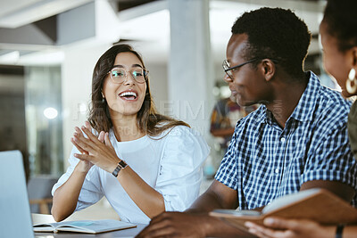 Buy stock photo Talking, excited or business people on laptop in startup for review, feedback or brainstorming. Conversation, creative or happy woman speaking in discussion for meeting, planning or growth projection