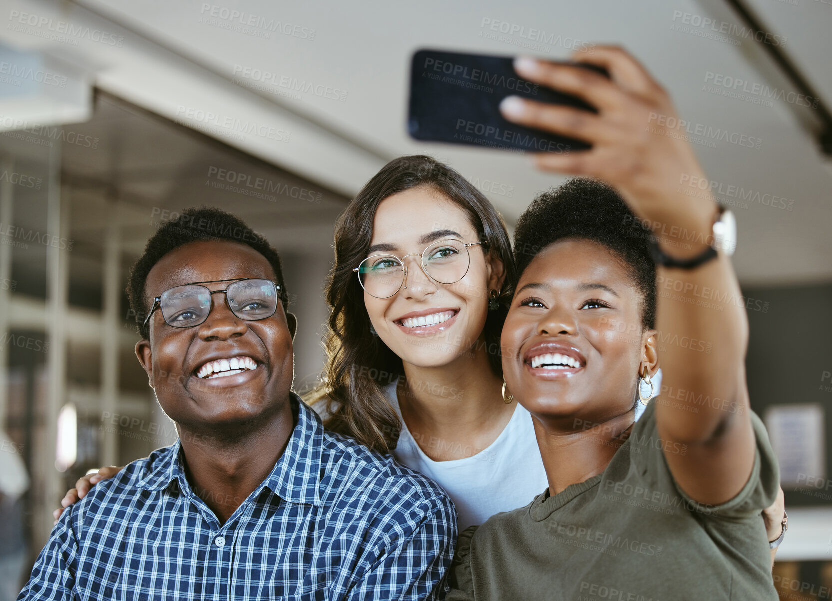 Buy stock photo Happy, business people and team with selfie at office for photography, picture or memory together. Young group, friends or employees with smile in joy for capture, moment or social media at workplace