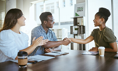 Buy stock photo Business people, handshake and meeting with applause for hiring, recruitment or career opportunity at office. Young, group or employees shaking hands for b2b, deal or contract agreement at workplace