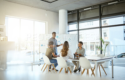 Buy stock photo Business people, presentation and meeting with whiteboard for collaboration, brainstorming or teamwork at office. Young, group or employees with coach for company mission, strategy or project ideas