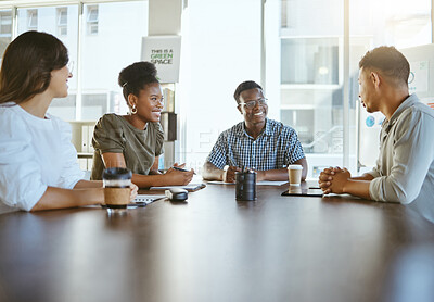 Buy stock photo Group, startup or people in discussion in meeting for revenue review, feedback or organizing project. Boardroom, talking or company growth in office for agency business, teamwork or planning ideas