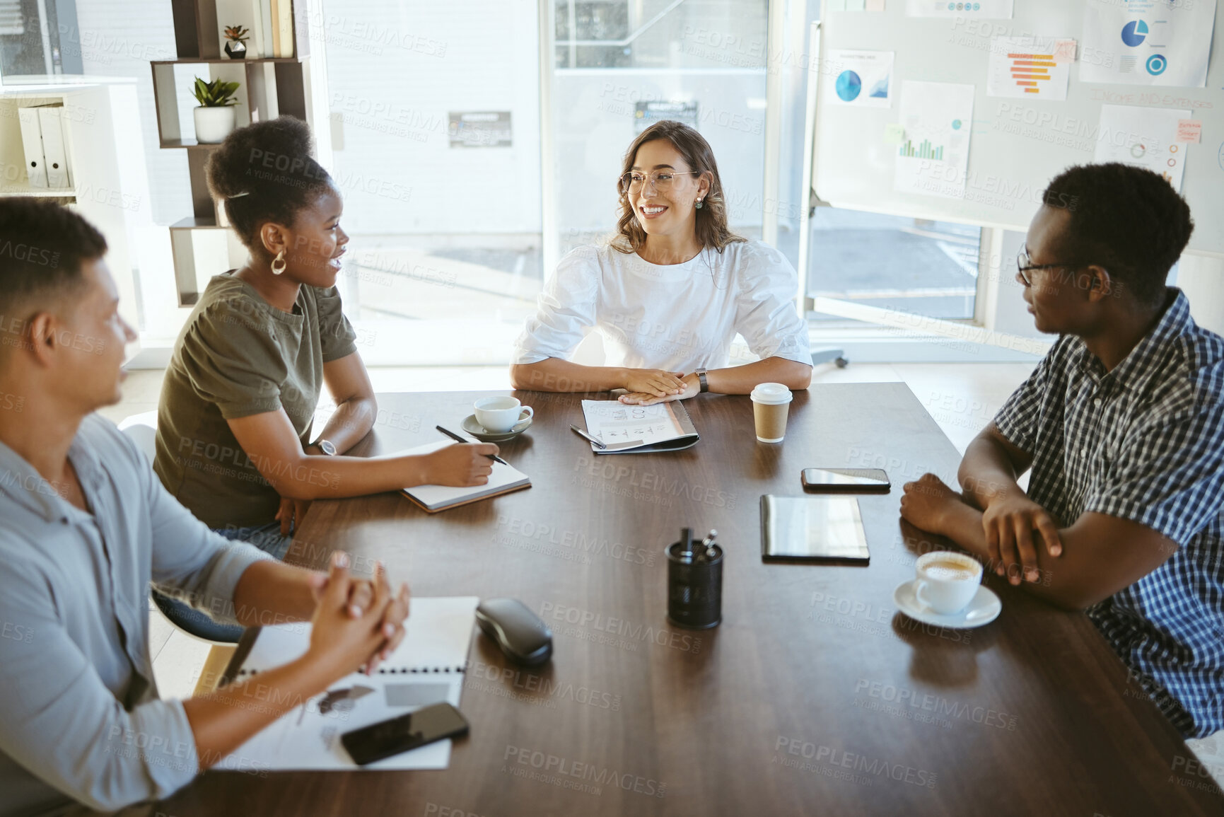 Buy stock photo Group, diary or people in meeting discussion for startup review, feedback or organizing project. Boardroom, designers or talking for growth in office for agency business, teamwork or planning ideas