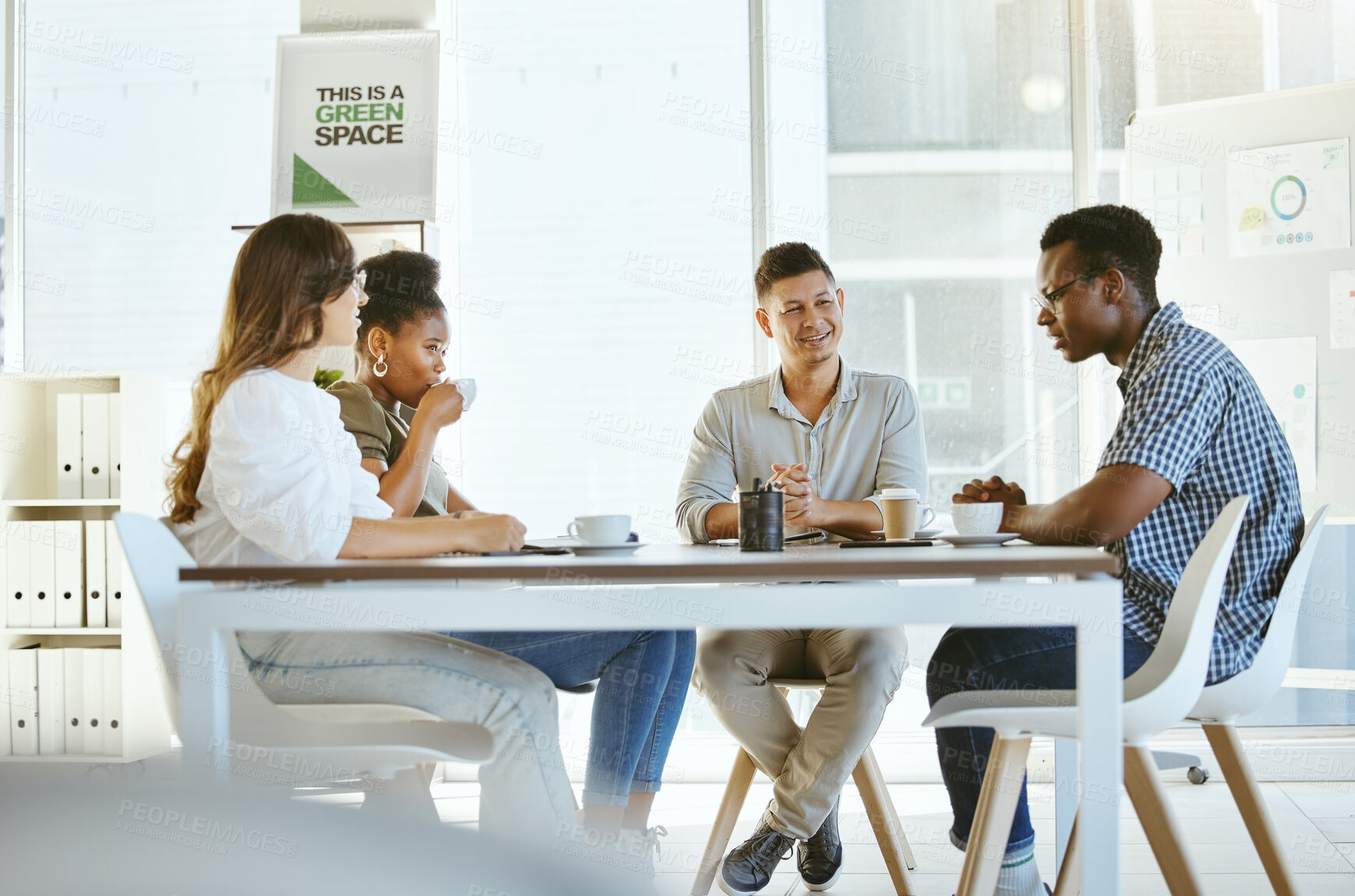 Buy stock photo Business, team and meeting with discussion for data analysis, local ecology project and funding budget. Green finance, people and talking in workshop for social profitability and community support