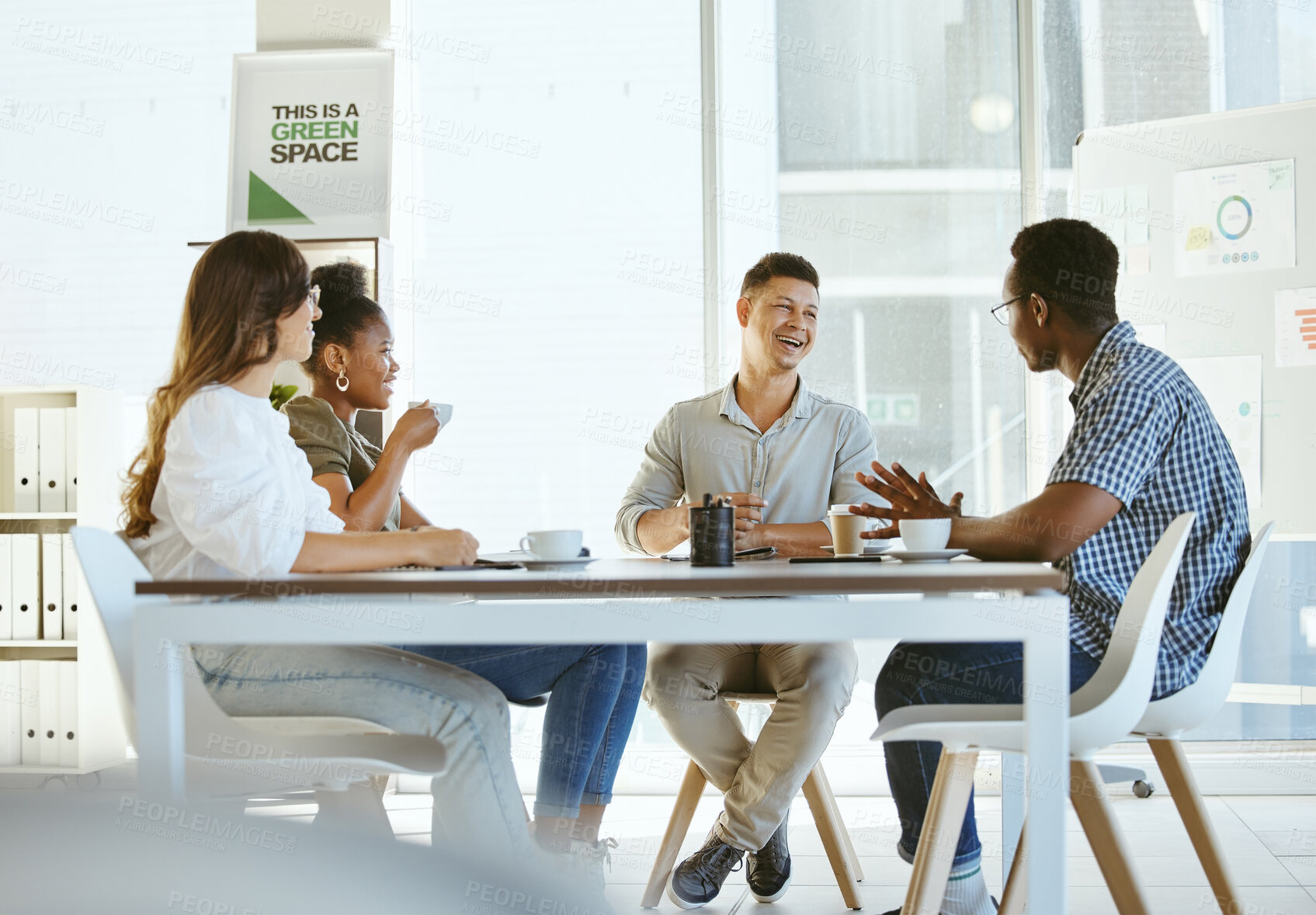 Buy stock photo Business people, diversity and group in meeting, funny and planning with humor, cooperation and talking. Employees, creative agency and coworkers in modern office, collaboration and communication