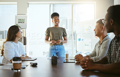 Buy stock photo Business, team and woman with meeting for data analysis, local ecology project and funding budget. Green finance, people and sales stats in presentation for social profitability and community support