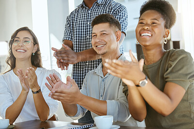 Buy stock photo Excited, business people and meeting with applause for congratulations, promotion or presentation at office. Happy, young group or employees clapping with smile for winning or teamwork at workplace