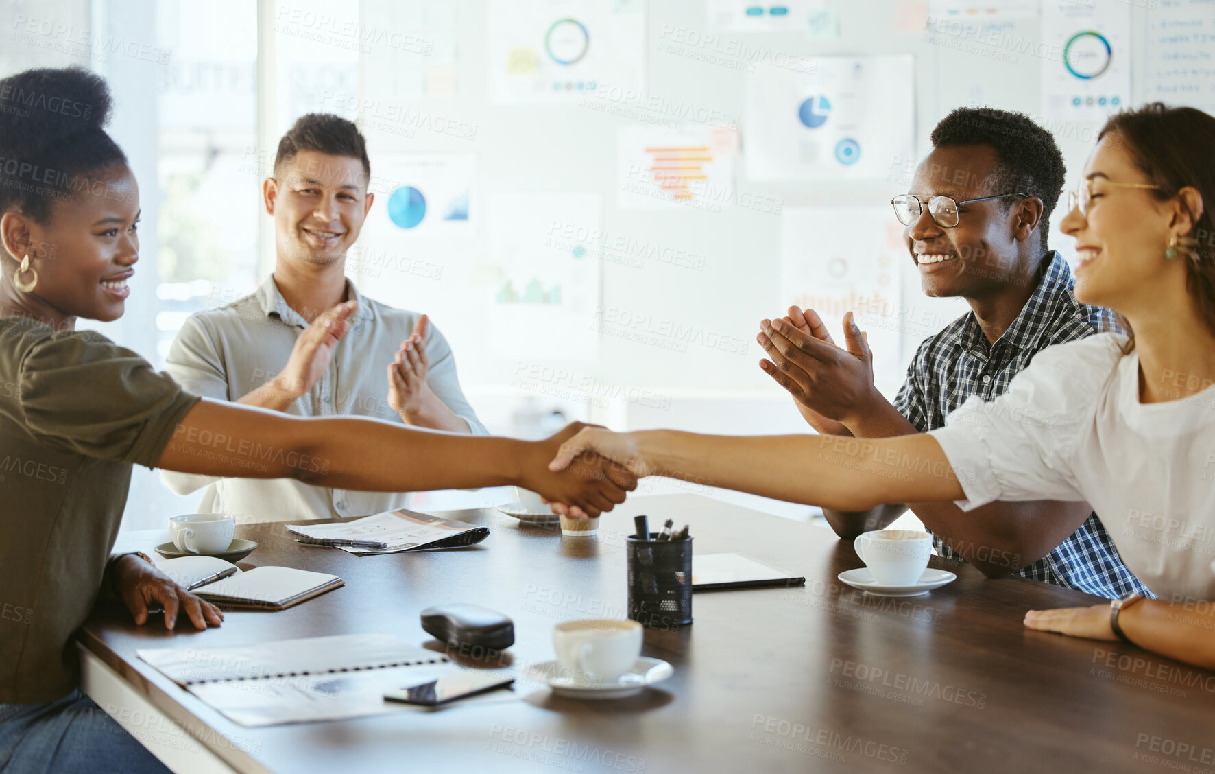 Buy stock photo Business people, handshake and meeting with applause for hiring, teamwork or deal together at office. Group, colleagues or employees shaking hands for contract agreement or recruiting at workplace