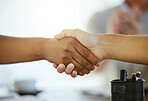 Two businesspeople shaking hands while in an office together at work. Business professionals greeting and making deals with each other. Boss hiring an employee