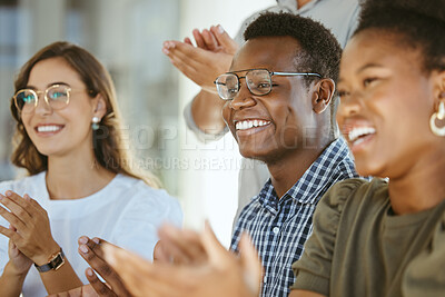 Buy stock photo Happy, business people and meeting with applause for winning, promotion or congratulations at office. Excited, young group or employees clapping with smile for presentation or teamwork at workplace