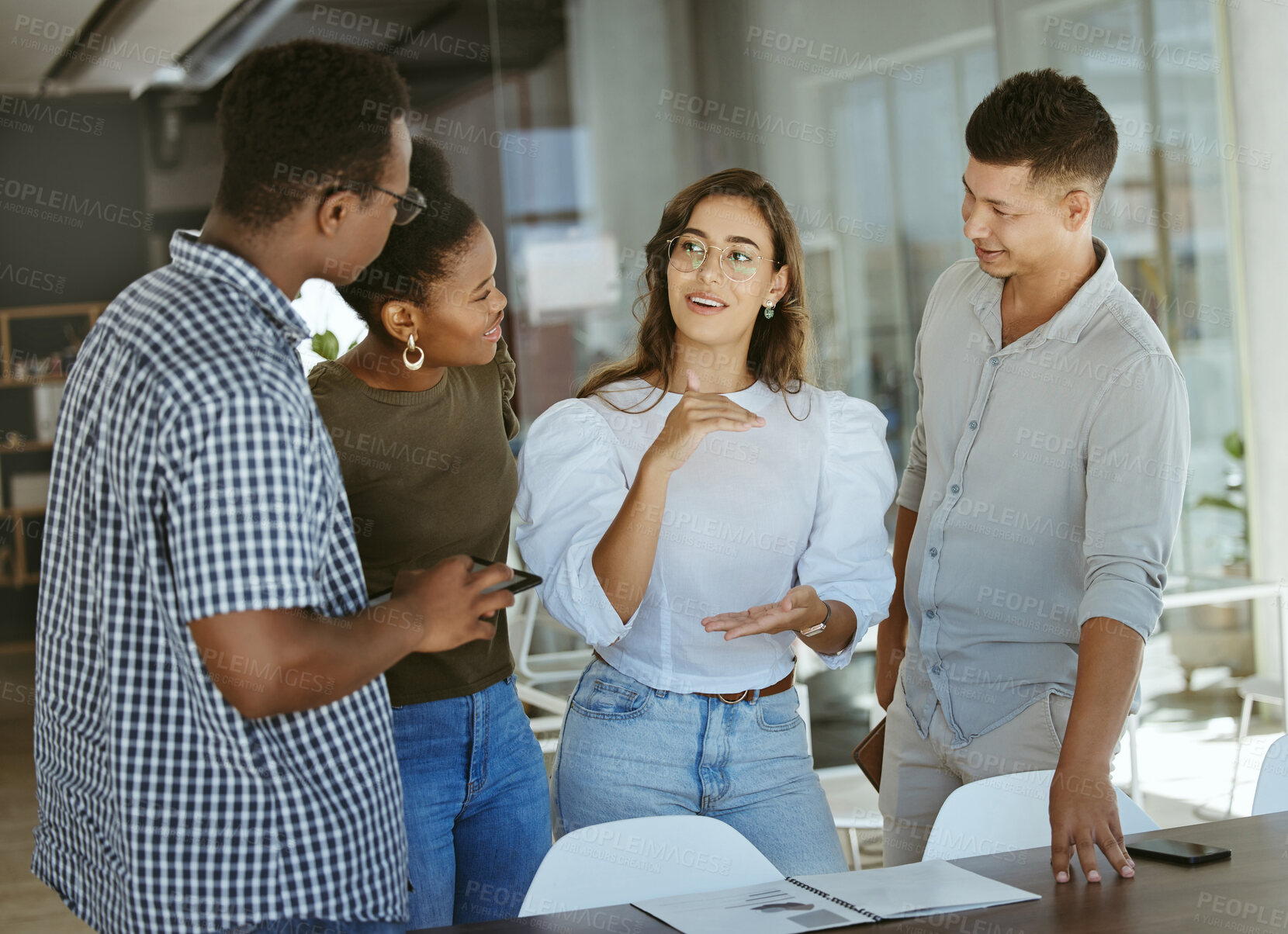 Buy stock photo Business people, diversity and group in meeting, brainstorming and planning with cooperation, project and talk. Employees, creative agency or journalist with collaboration, magazine and communication