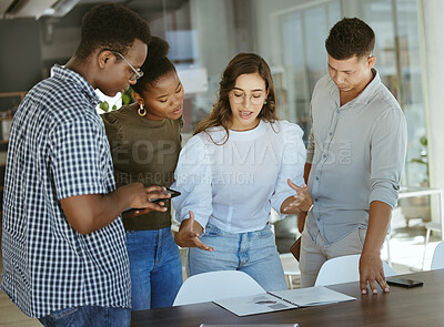 Buy stock photo Business people, diversity and group in meeting, planning and talking with ideas, cooperation and startup. Employees, creative agency and coworkers in office, collaboration and company development