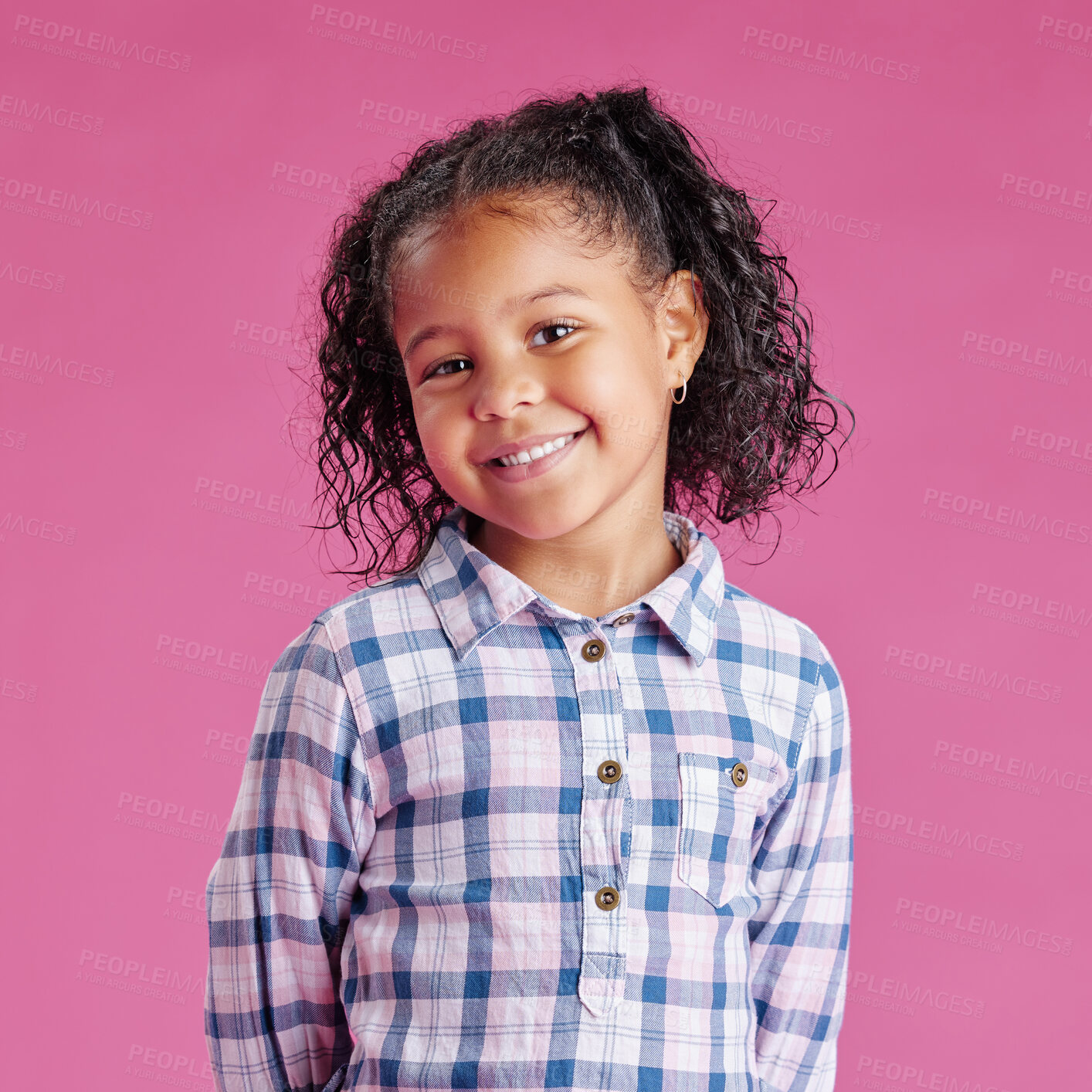 Buy stock photo Happy, child and portrait with African girl, fashion and smile from confidence in studio. Sweet, shirt and youth clothes with model from Morocco with style and trendy outfit with pink background