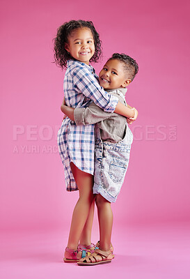 Buy stock photo Happy, hug and portrait of children on pink background for bonding, love and cute relationship. Family, childhood and isolated brother and sister embrace for affection, care or fun together in studio