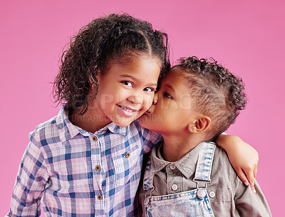 Buy stock photo Happy, kiss and portrait of children on pink background for bonding, love and cute relationship. Family, young kids and brother and sister embrace for affection, care and fun together in studio