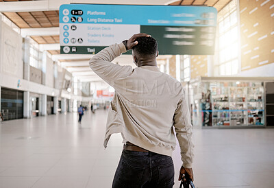 Buy stock photo Stress, late and man at airport for boarding, travel delay and confused with booking information sign at gate. Angry, lost and frustrated person checking flight trip schedule at terminal from back