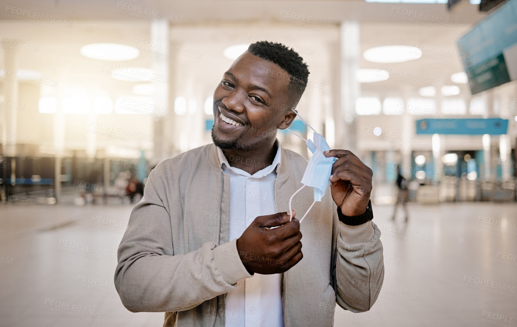 Buy stock photo Portrait, man and face mask for travel at airport with ppe compliance, flight safety and transport protocol. Smile, male person and breathing with covid19 vaccine, airplane protection and terminal law