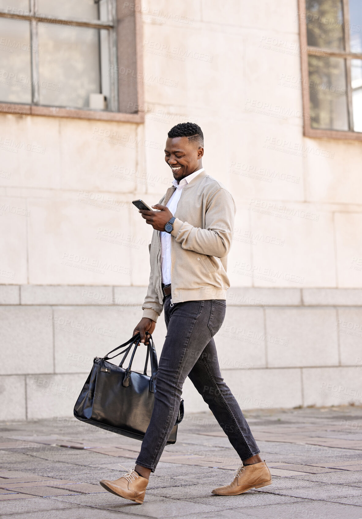 Buy stock photo Business, black man and smile with phone for commute schedule, urban travel and communication. Male person, mobile and walking with luggage for appointment, morning journey and interview opportunity