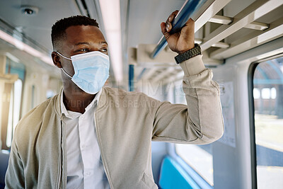 Buy stock photo Travel, mask and business black man on train for public transport, journey and trip to work. Passenger, professional and person with protection on subway, metro railway and morning commute in town