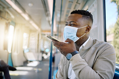 Buy stock photo Black man, phone and face mask for train travel with ppe compliance, metro safety and transport protocol. Smile, male person and mobile with talking for covid19 control, commute protection and health