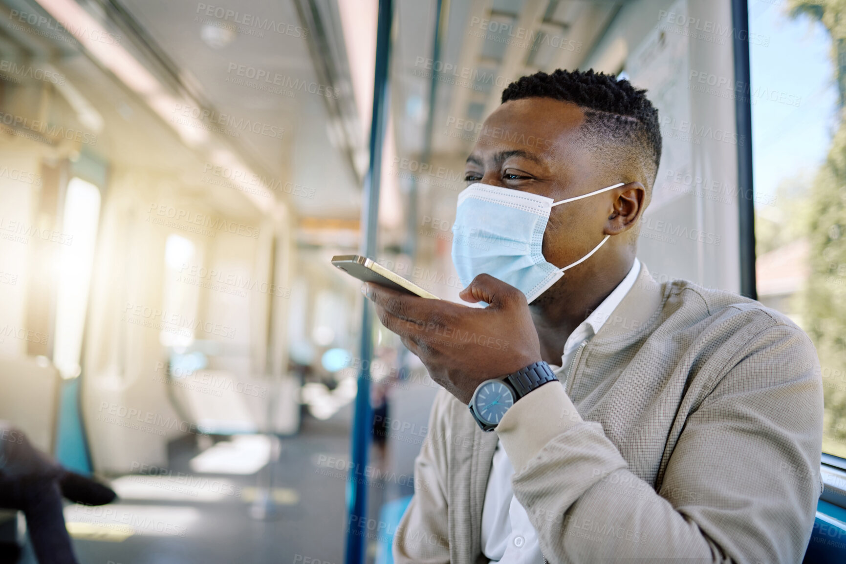 Buy stock photo Black man, phone and face mask for train travel with ppe compliance, metro safety and transport protocol. Smile, male person and mobile with talking for covid19 control, commute protection and health