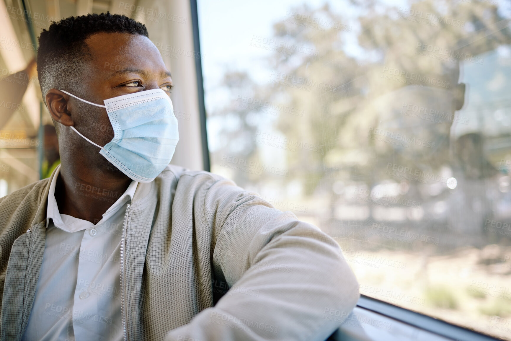 Buy stock photo Travel, window and business black man on train for public transport, journey and trip to work. Passenger, professional and person with hygiene mask on subway, metro railway and commute in town