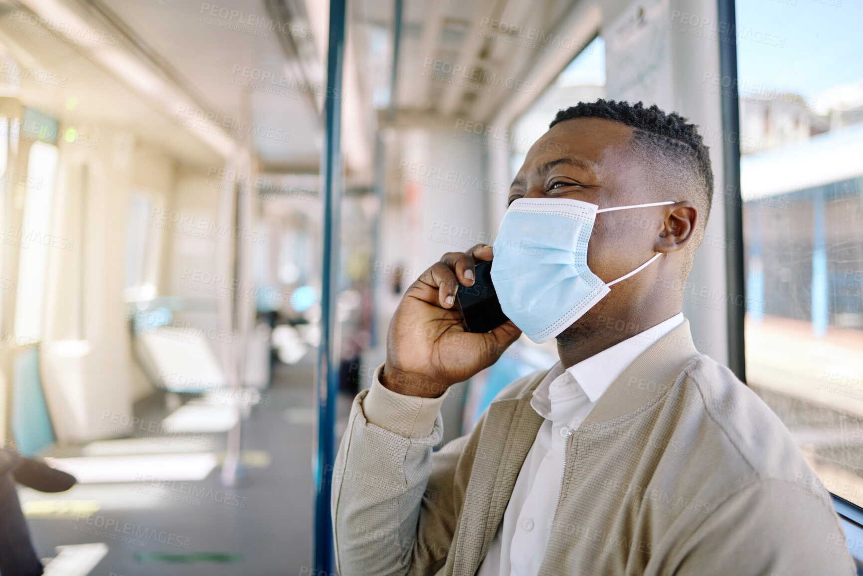 Buy stock photo Man, phone call and face mask for train travel with ppe compliance, metro safety and transport protocol. Smile, male person and mobile for discussion of covid19 control, commute protection and health