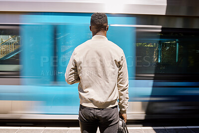 Buy stock photo Business, black man and train with luggage for commute, urban travel and morning journey of metro transport. Male person, back and suitcase with waiting , railway station and platform departure