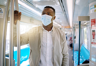 Buy stock photo Train, mask and business black man in city for public transport, journey and trip to work. Passenger, professional and person with on subway, metro railway and travel in town for morning commute