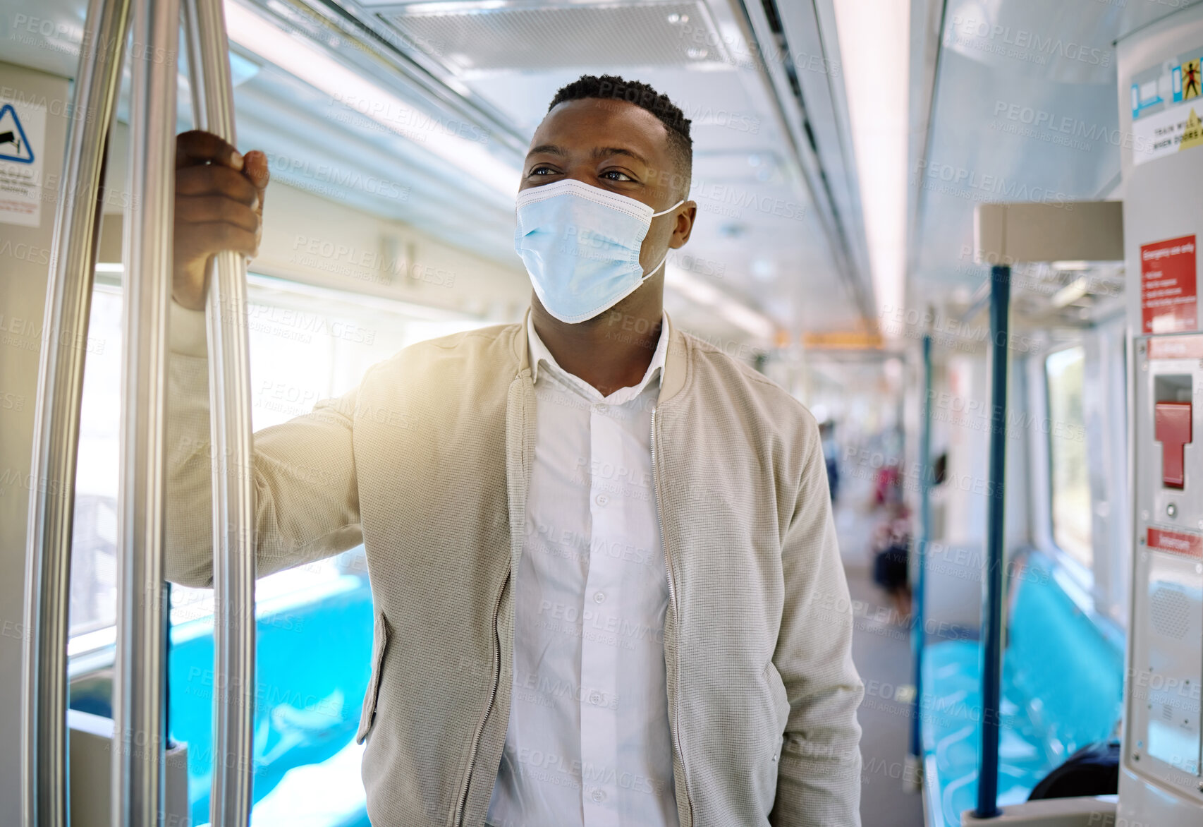 Buy stock photo Train, mask and business black man in city for public transport, journey and trip to work. Passenger, professional and person with on subway, metro railway and travel in town for morning commute