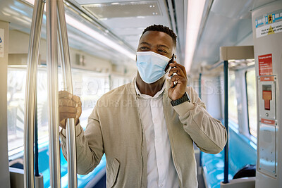 Buy stock photo Black man, phone call and face mask for train travel with ppe compliance, metro safety and transport protocol. Smile, person and mobile with talking of covid19 control, commute protection and health
