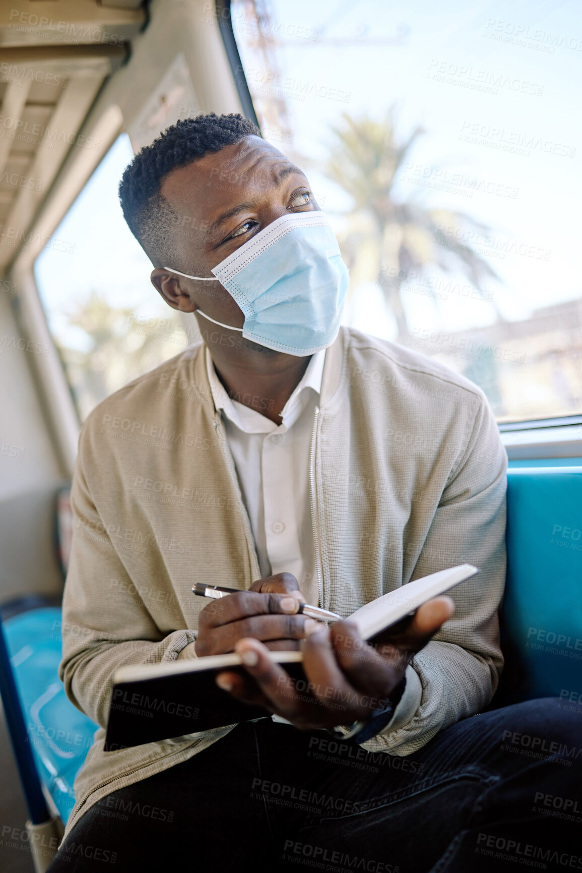 Buy stock photo Travel, notebook and businessman on train with mask for public transport, journey and thinking on work trip. Passenger, professional and person writing on subway, metro railway and commute in town