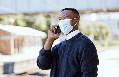 Buy stock photo Train station, black man and face mask with smile in phone call for virus or health protection. Business person, employee and outside with happiness for communication, networking and transportation