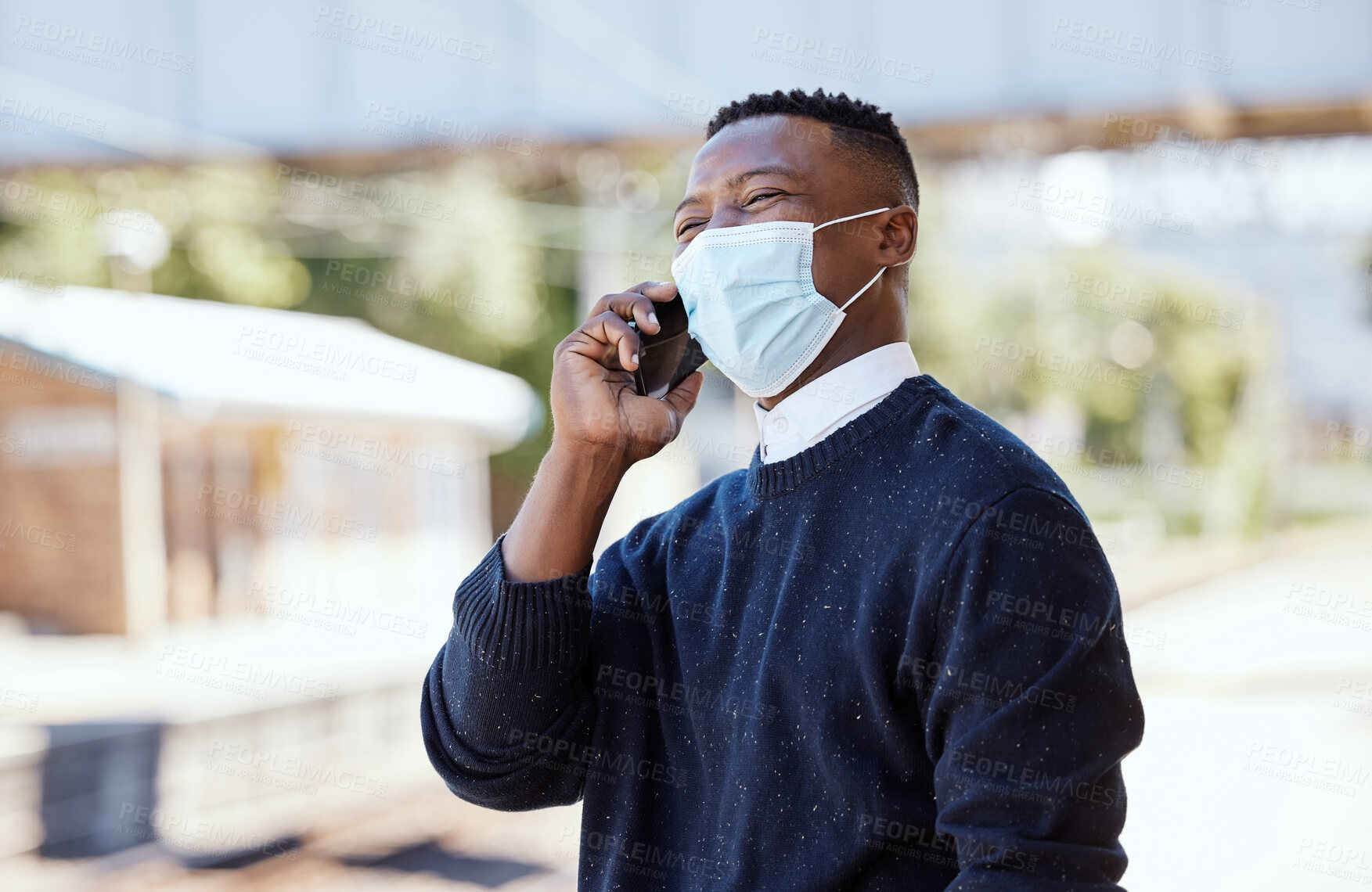 Buy stock photo Train station, black man and face mask with smile in phone call for virus or health protection. Business person, employee and outside with happiness for communication, networking and transportation