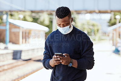 Buy stock photo Black man, phone and face mask with train travel for compliance, health safety and morning journey. Person, mobile and schedule for healthcare policy, metro delay and ppe protocol of subway transport