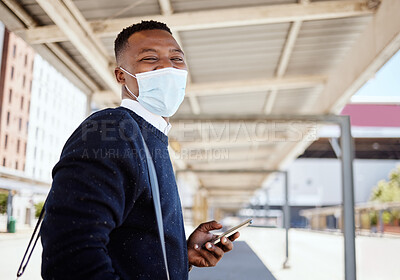 Buy stock photo Black man, face mask and portrait for train travel with phone, compliance and health safety of journey. Person, mobile and schedule with healthcare policy, commute delay and ppe for subway transport