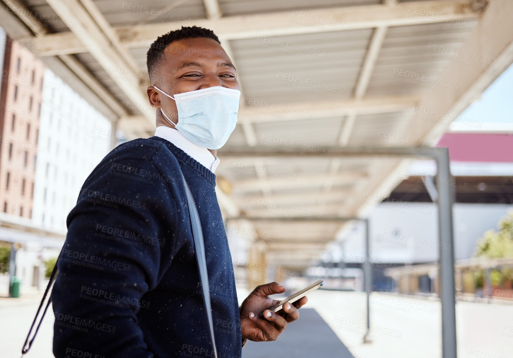 Buy stock photo Black man, face mask and portrait for train travel with phone, compliance and health safety of journey. Person, mobile and schedule with healthcare policy, commute delay and ppe for subway transport