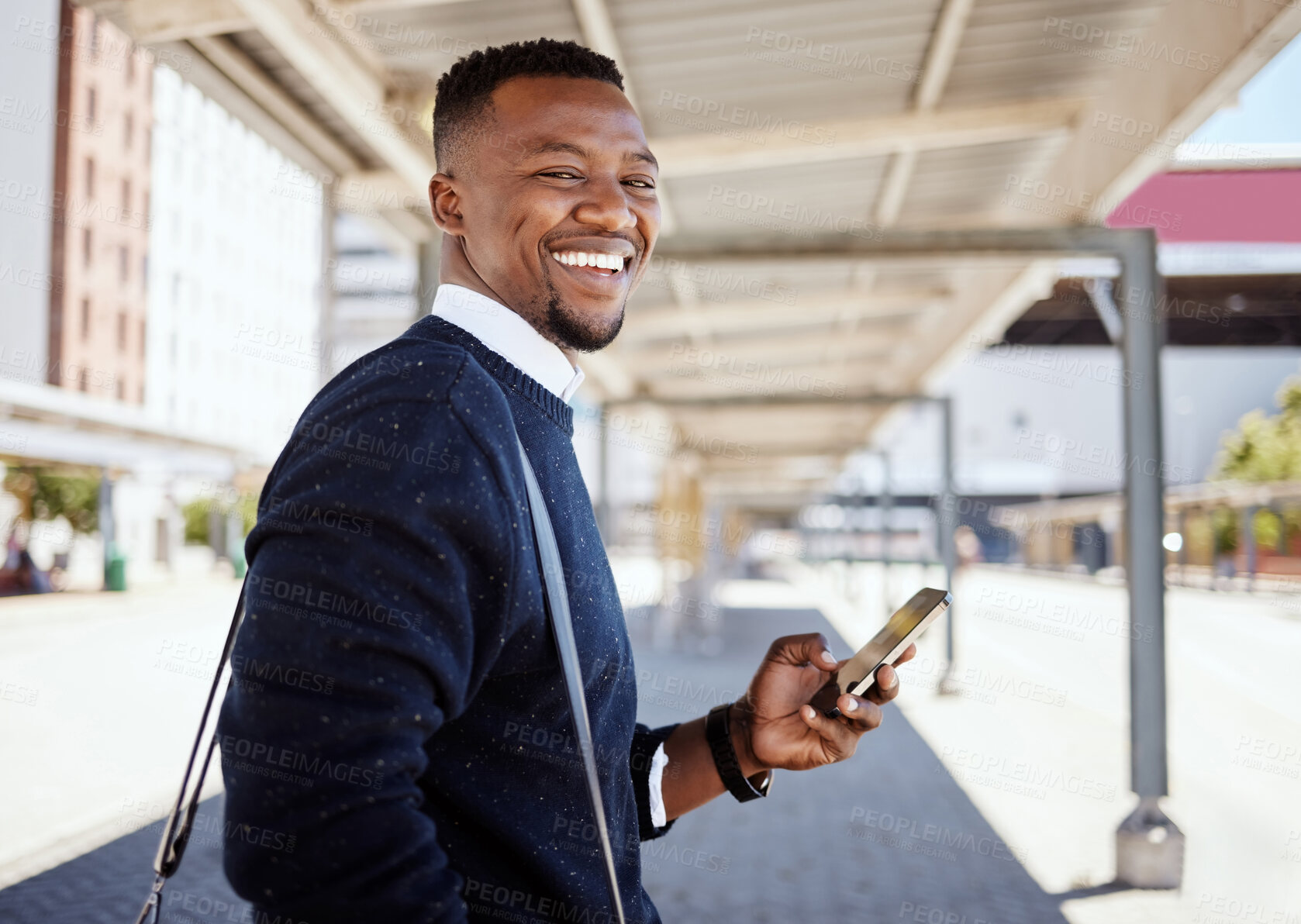 Buy stock photo Black man, portrait and phone for travel with train schedule, metro commute and waiting on transport. Male person, mobile and communication with luggage, morning journey and location for subway delay