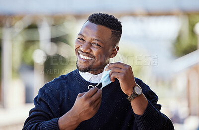 Buy stock photo Smile, black man and face mask for travel outdoor with compliance, health safety and morning journey. Male person,  happy and healthcare policy, urban commute and ppe protocol with transport rules