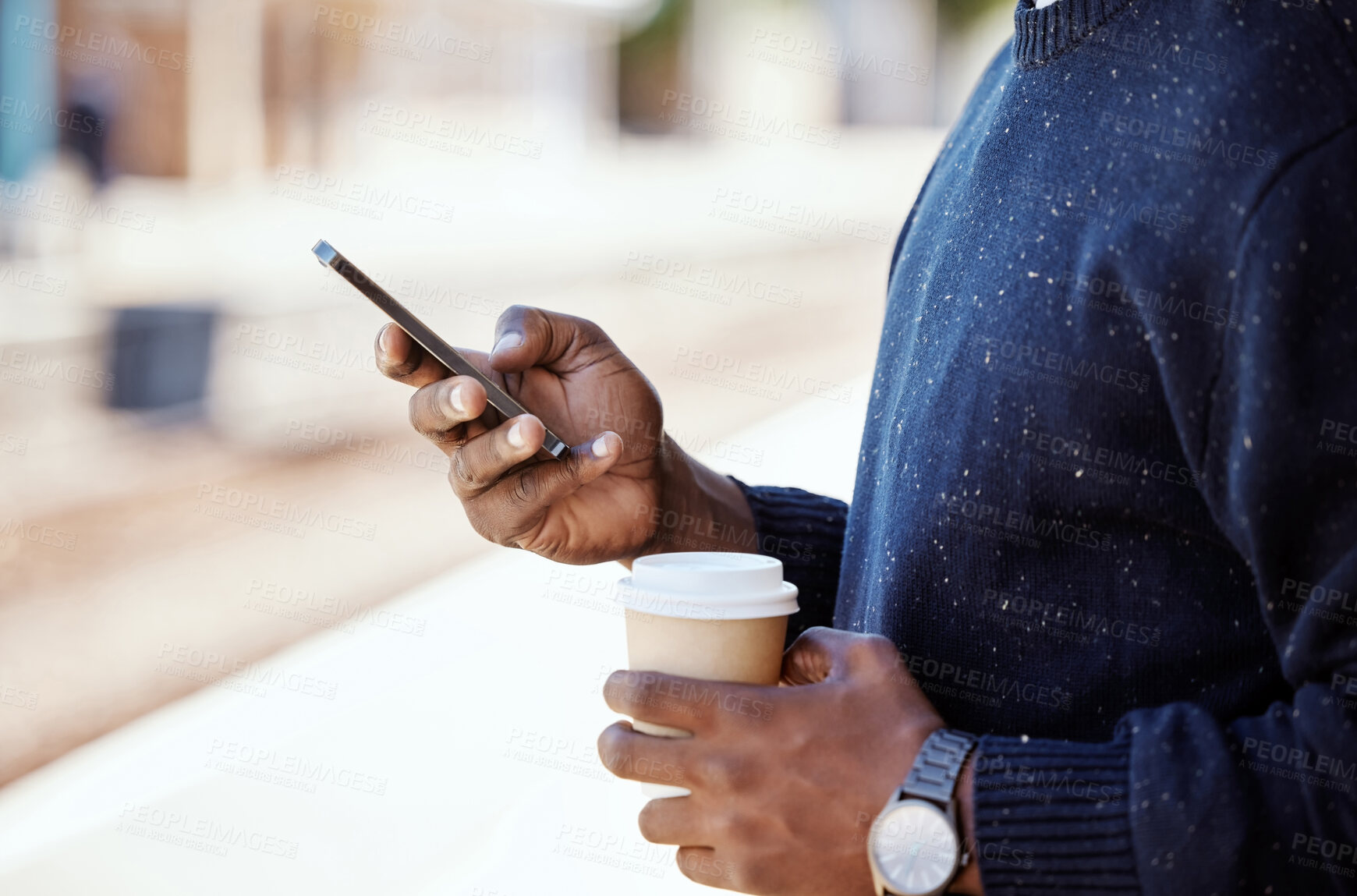 Buy stock photo Hand, person and phone for travel with train schedule, metro commute and waiting on transport. Passenger, mobile and communication with coffee break, morning journey and location for subway platform