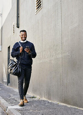 Buy stock photo Black man, walking and phone with travel in city of schedule, morning commute and waiting on transport. Person, mobile and smile for communication, luggage journey and online map of direction outdoor