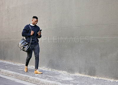 Buy stock photo Black man, luggage and phone with travel in city for schedule, morning commute and waiting on transport. Person, mobile and walking with communication, suitcase journey and delay for map direction