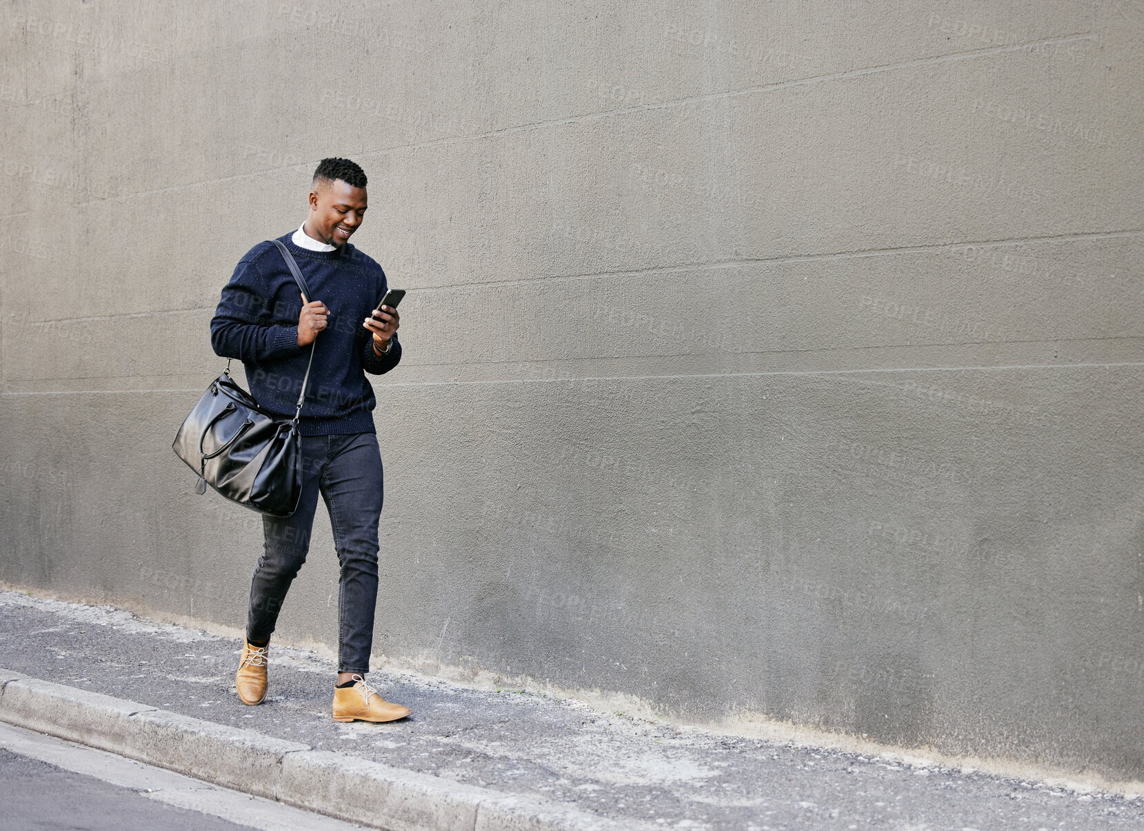 Buy stock photo Black man, luggage and phone with travel in city for schedule, morning commute and waiting on transport. Person, mobile and walking with communication, suitcase journey and delay for map direction