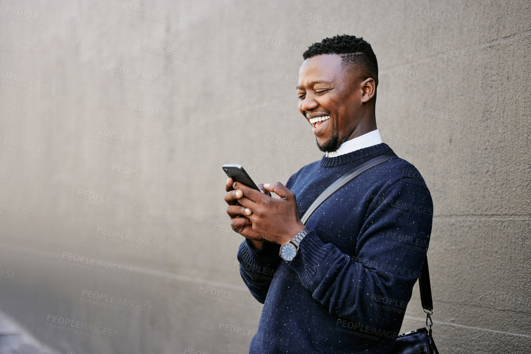 Buy stock photo Black man, laugh and phone with travel in city of schedule, morning commute and waiting on transport. Person, mobile and relax for communication, luggage journey and online joke of direction outdoor
